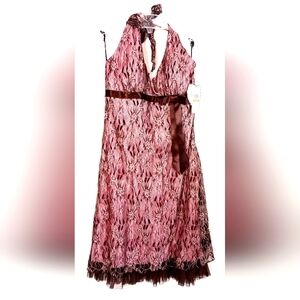 NEW WITH TAG JUNIOR SZ 7 HALTER TOP DRESS, BROWN LACE/PINK LINING,TAG PRICE $69